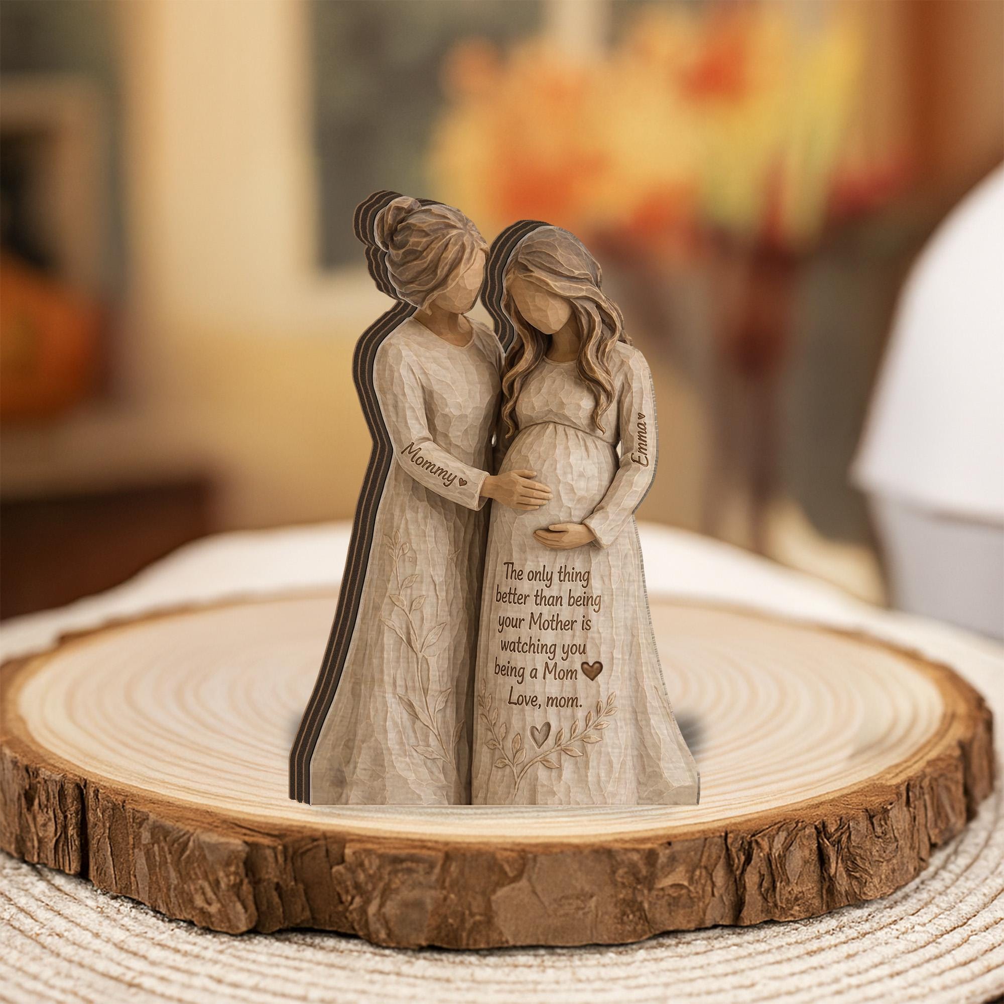 Personalized Wooden Block, Pregnant Mom Figurine, Mother and Daughter Sculpture, Custom Names, Mother's Day Decor