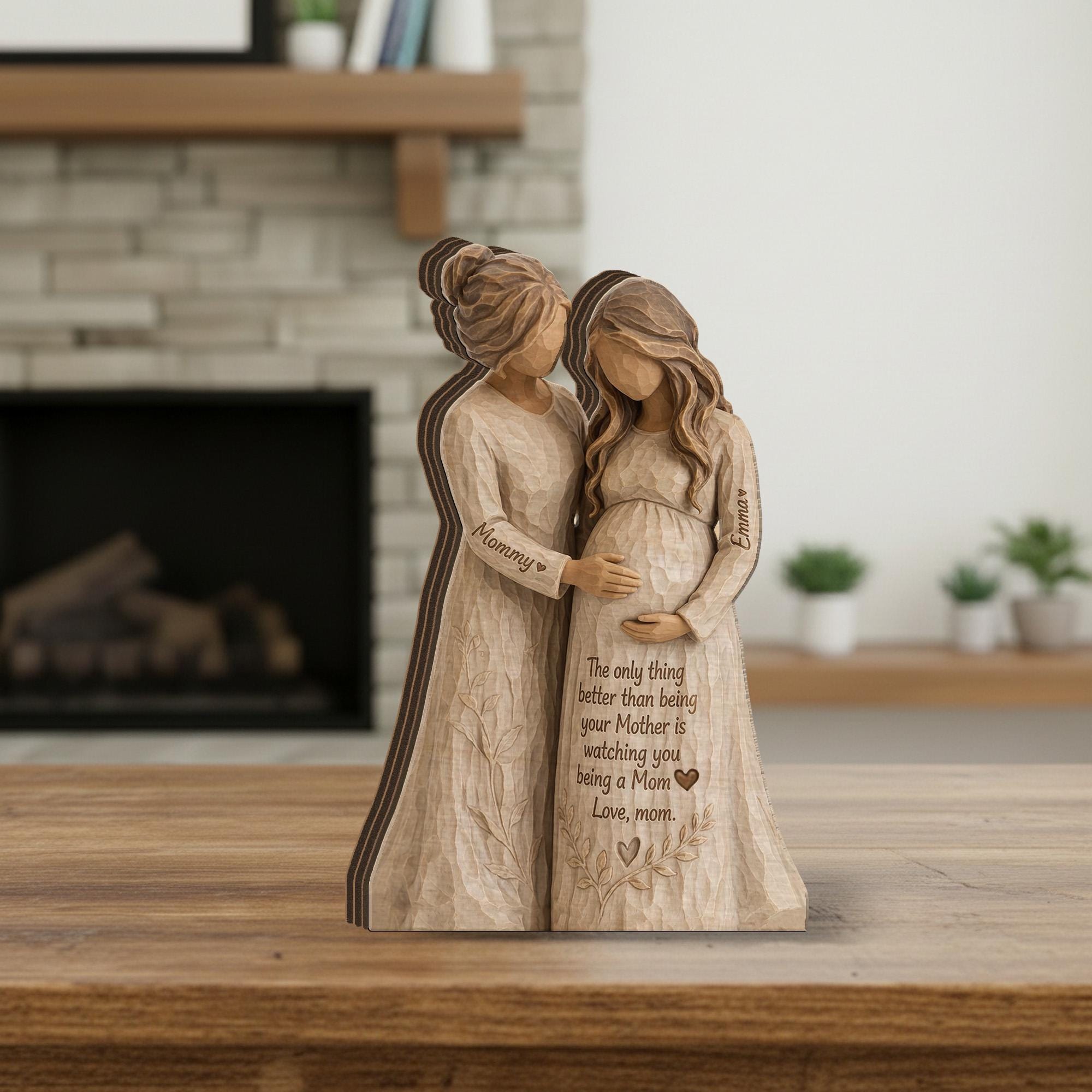 Personalized Wooden Block, Pregnant Mom Figurine, Mother and Daughter Sculpture, Custom Names, Mother's Day Decor