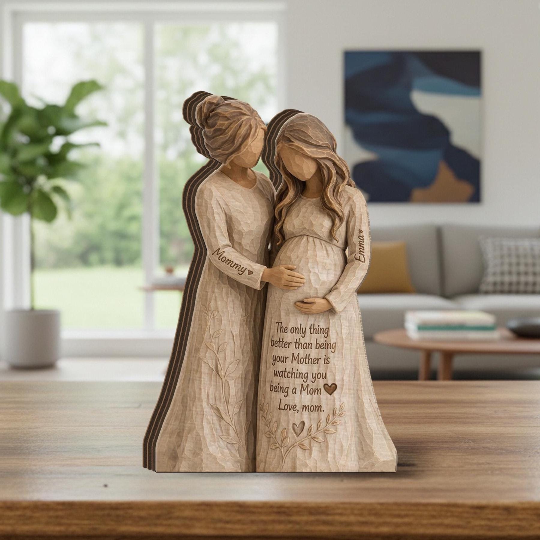 Personalized Wooden Block, Pregnant Mom Figurine, Mother and Daughter Sculpture, Custom Names, Mother's Day Decor