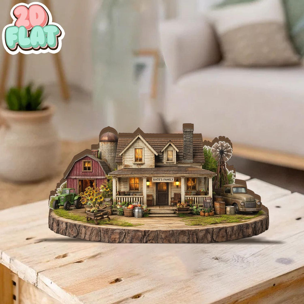 Custom Wood Block Farmhouse Scene, Personalized Family Farm Sign, Rustic Miniature House Decor