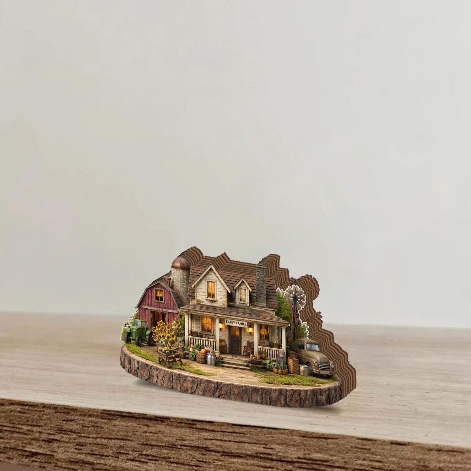 Custom Wood Block Farmhouse Scene, Personalized Family Farm Sign, Rustic Miniature House Decor