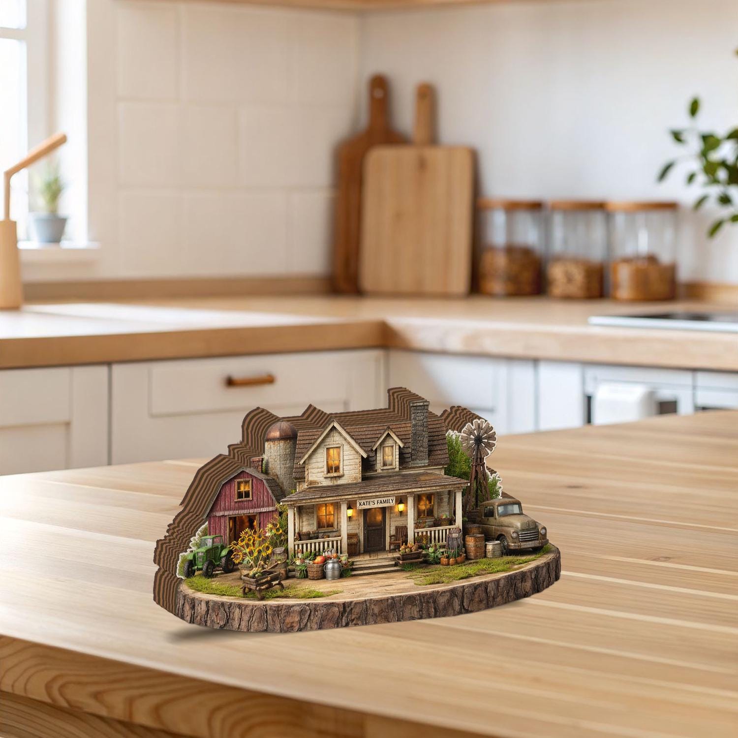 Custom Wood Block Farmhouse Scene, Personalized Family Farm Sign, Rustic Miniature House Decor