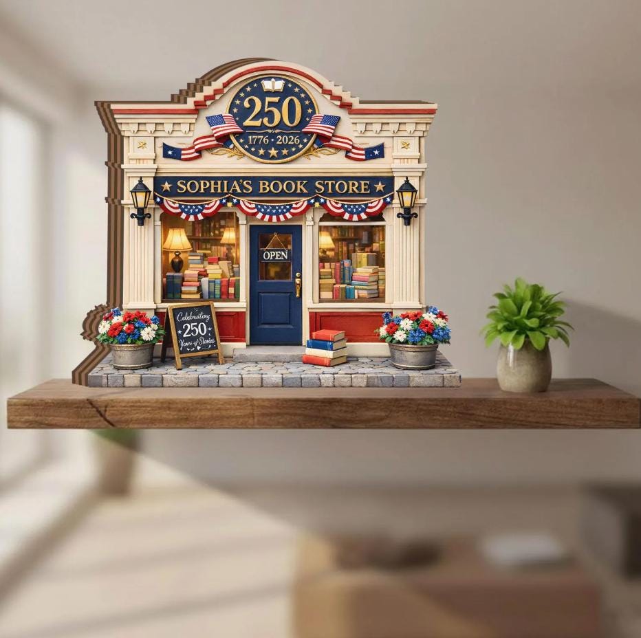 Personalized Bookstore Wooden Block, Custom Shop Name Decor, 250 Years Patriotic Gift, Mini Library Display, Book Lover Gift