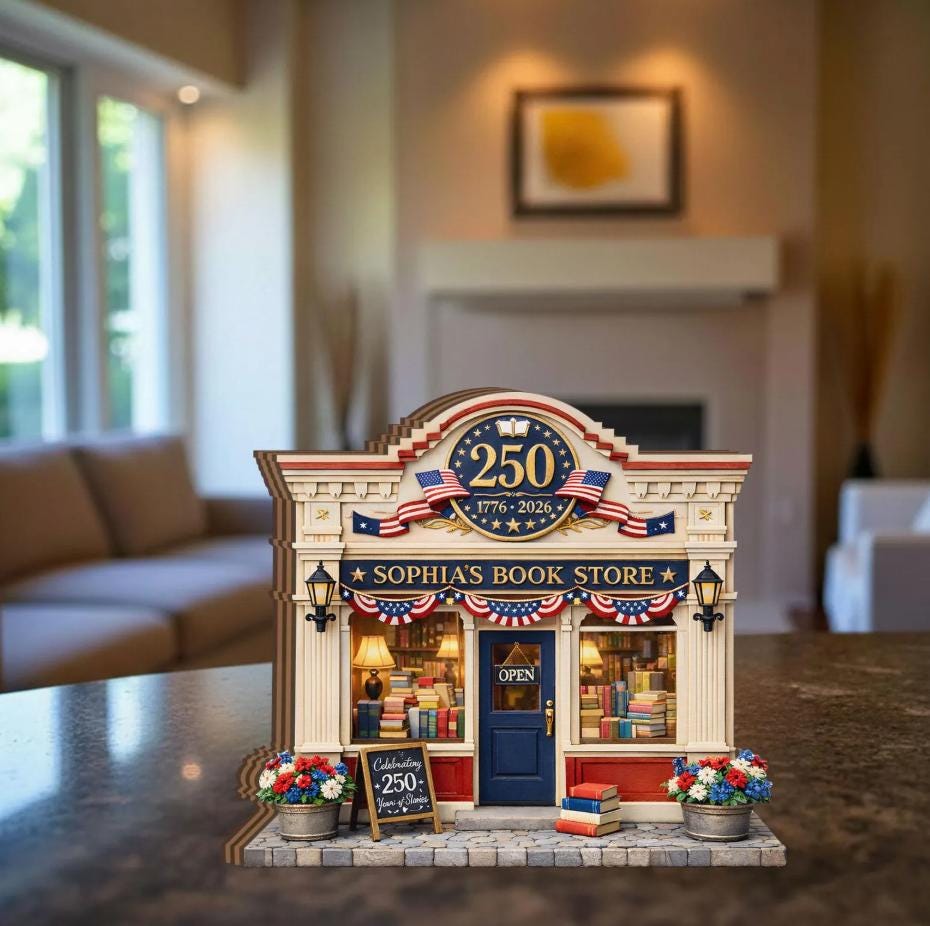Personalized Bookstore Wooden Block, Custom Shop Name Decor, 250 Years Patriotic Gift, Mini Library Display, Book Lover Gift