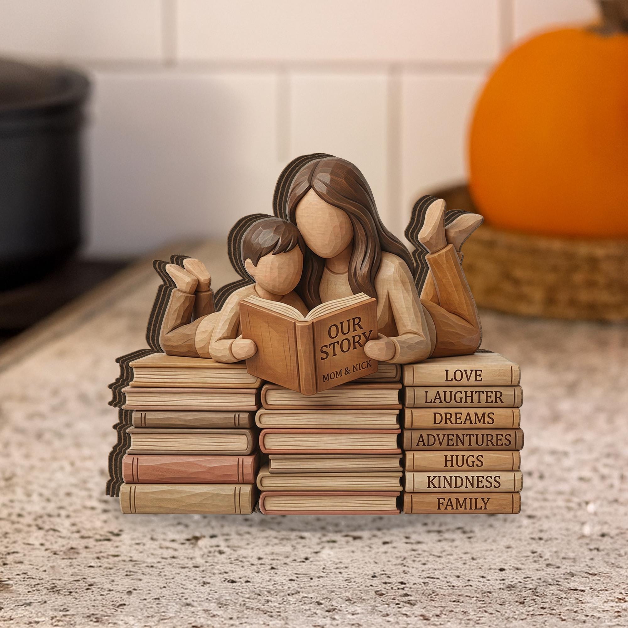 Personalized Wooden Block Decor, Mother Child Reading, Book Stack Family Display Natural Wood