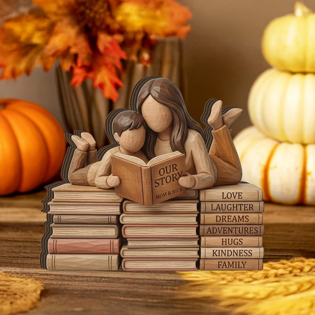 Personalized Wooden Block Decor, Mother Child Reading, Book Stack Family Display Natural Wood