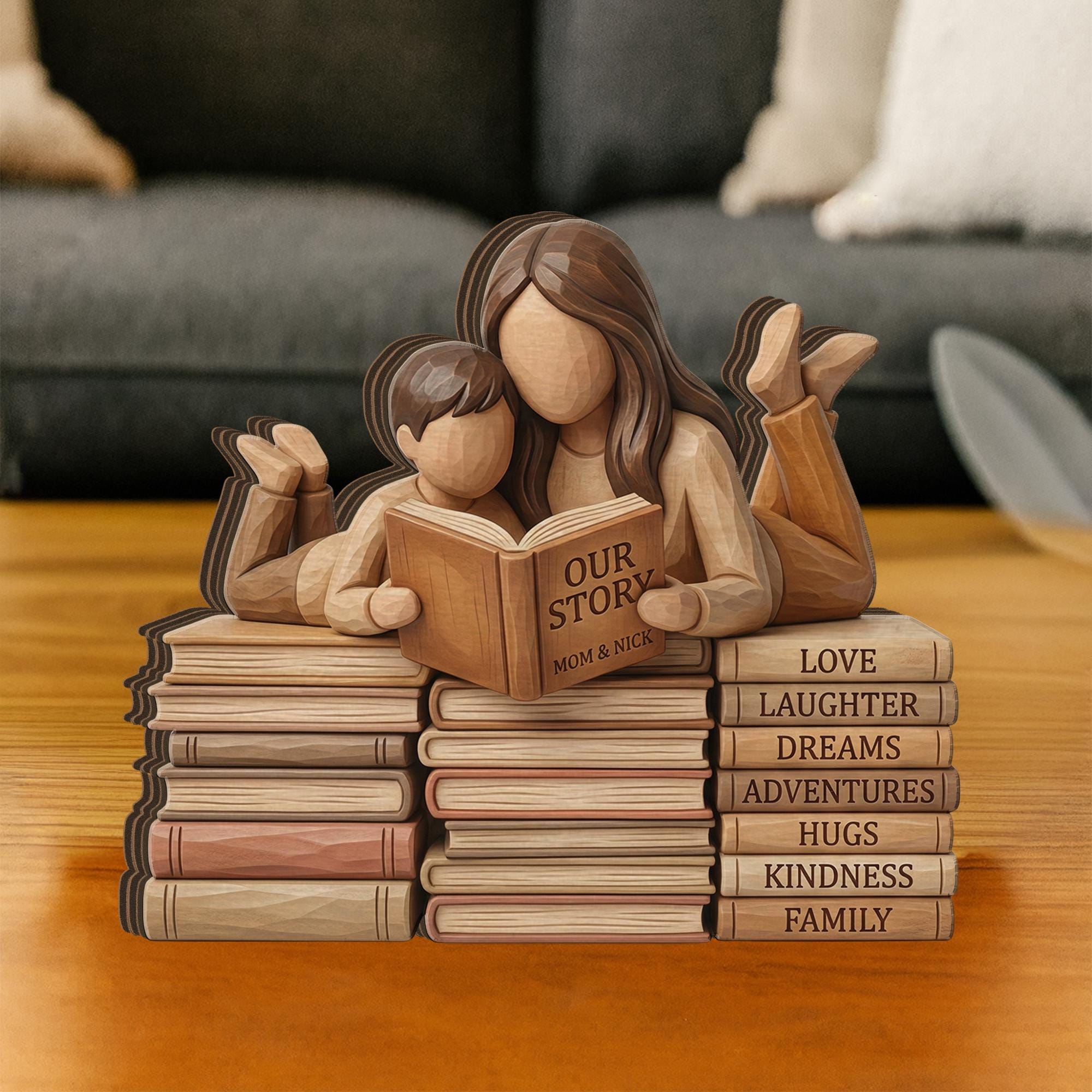Personalized Wooden Block Decor, Mother Child Reading, Book Stack Family Display Natural Wood