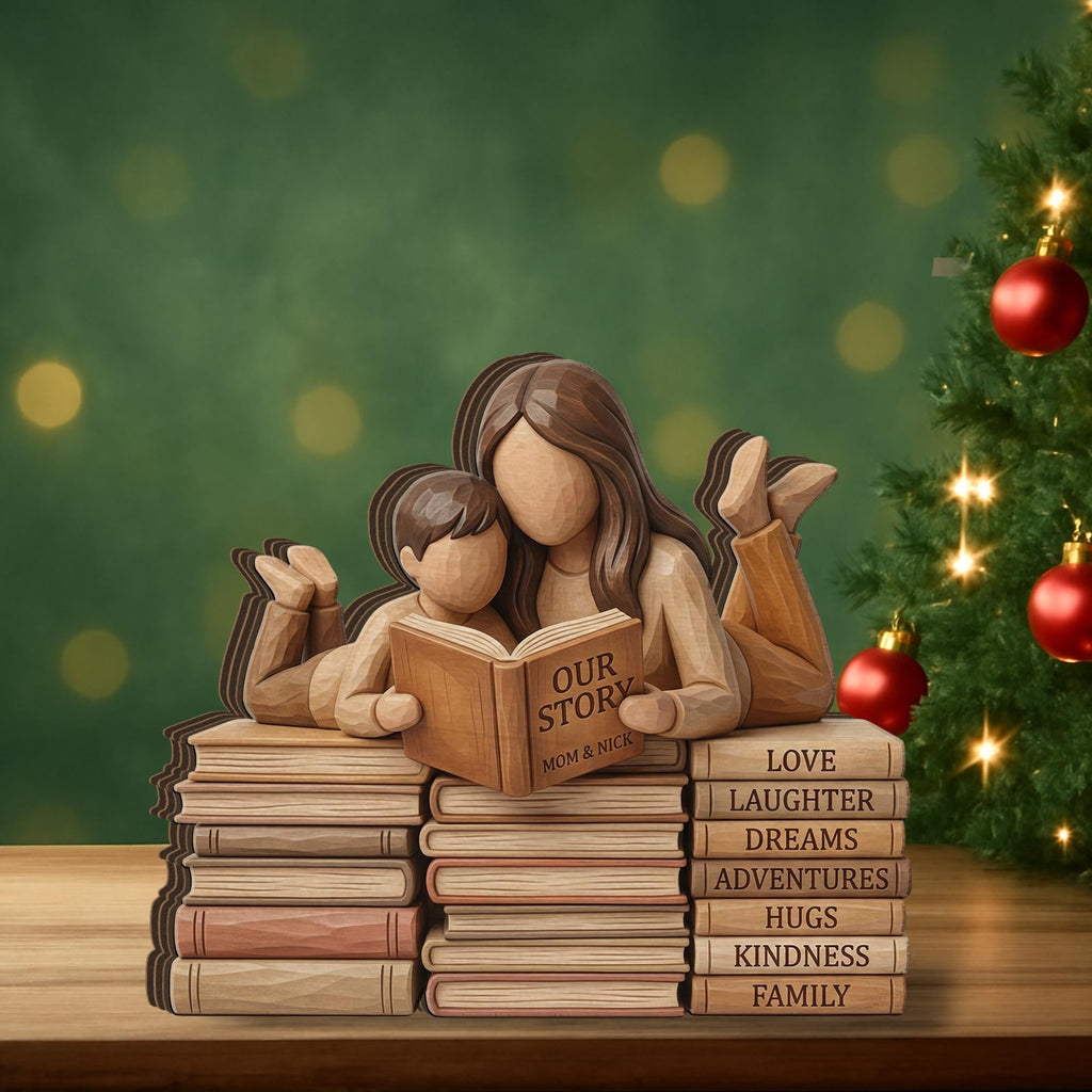 Personalized Wooden Block Decor, Mother Child Reading, Book Stack Family Display Natural Wood