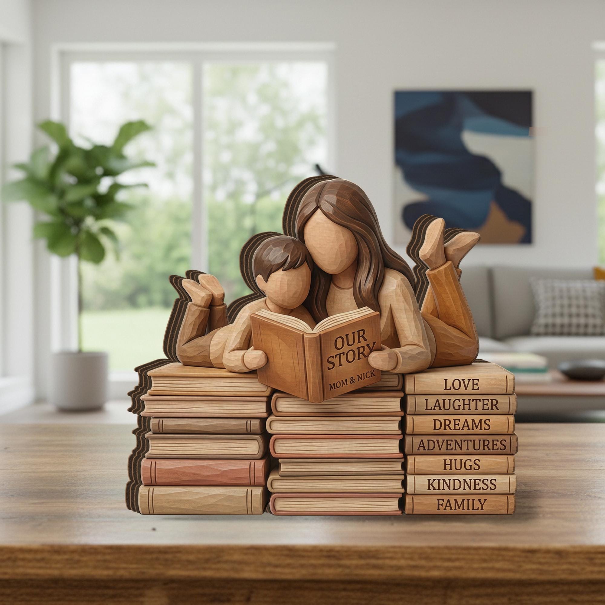 Personalized Wooden Block Decor, Mother Child Reading, Book Stack Family Display Natural Wood