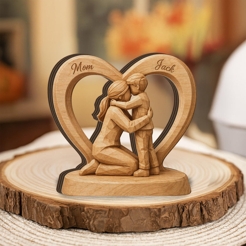 Wooden Heart Block Mom Son Sculpture, Personalized Name 2D Flat Wood Figurine Decor
