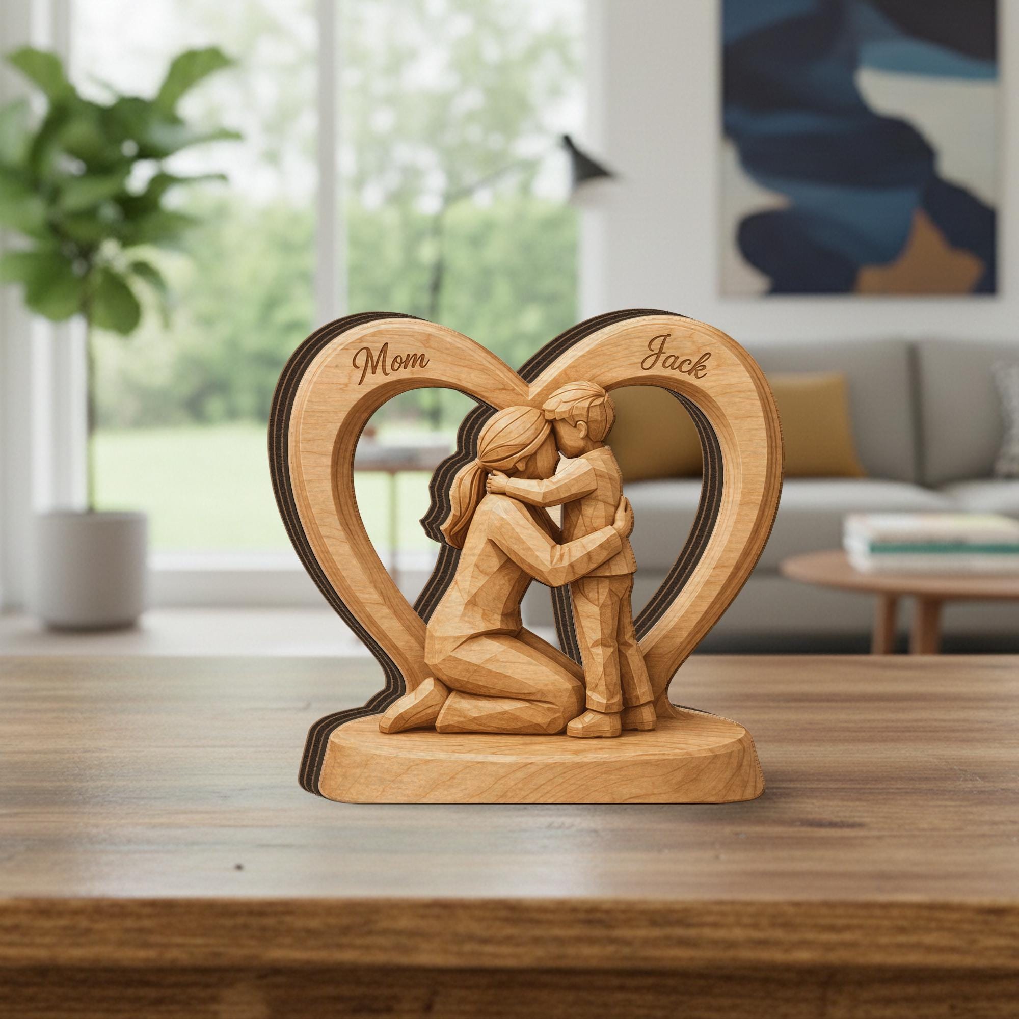 Wooden Heart Block Mom Son Sculpture, Personalized Name 2D Flat Wood Figurine Decor