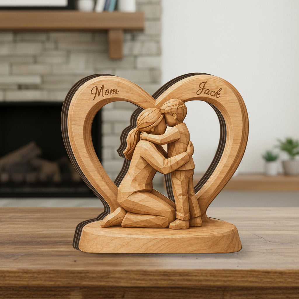 Wooden Heart Block Mom Son Sculpture, Personalized Name 2D Flat Wood Figurine Decor