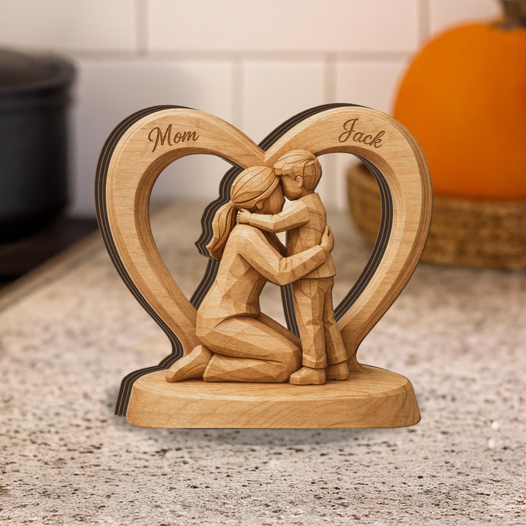 Wooden Heart Block Mom Son Sculpture, Personalized Name 2D Flat Wood Figurine Decor