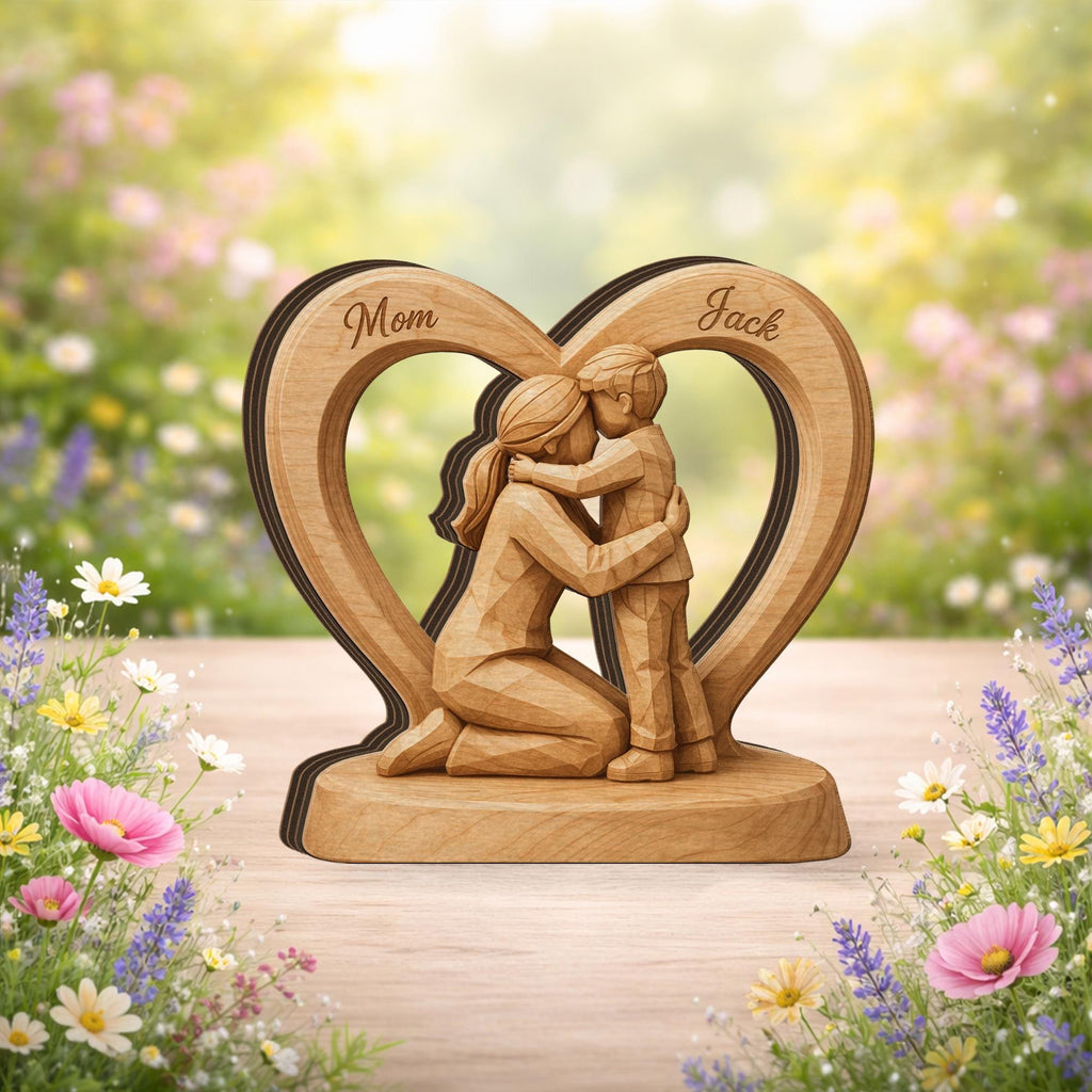 Wooden Heart Block Mom Son Sculpture, Personalized Name 2D Flat Wood Figurine Decor