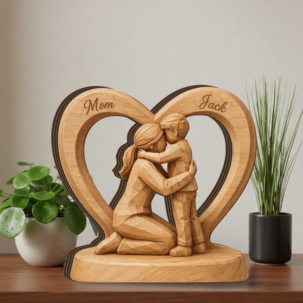 Wooden Heart Block Mom Son Sculpture, Personalized Name 2D Flat Wood Figurine Decor