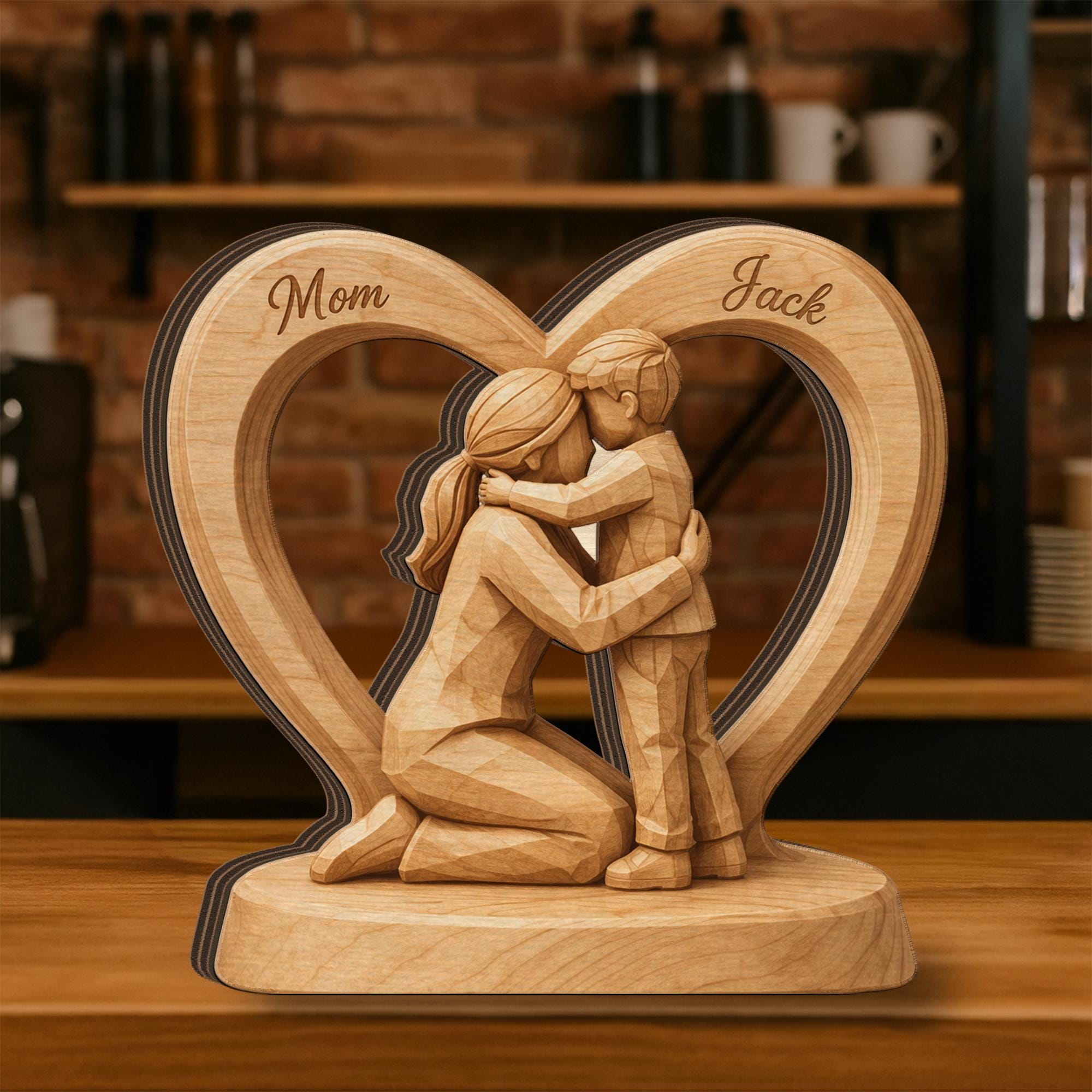 Wooden Heart Block Mom Son Sculpture, Personalized Name 2D Flat Wood Figurine Decor