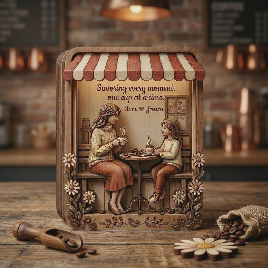 Handcrafted Coffee Time Wood Diorama, Mom And Daughter Friendship Decor, Rustic Wooden Block Sign, Special Gift For Mother's Day