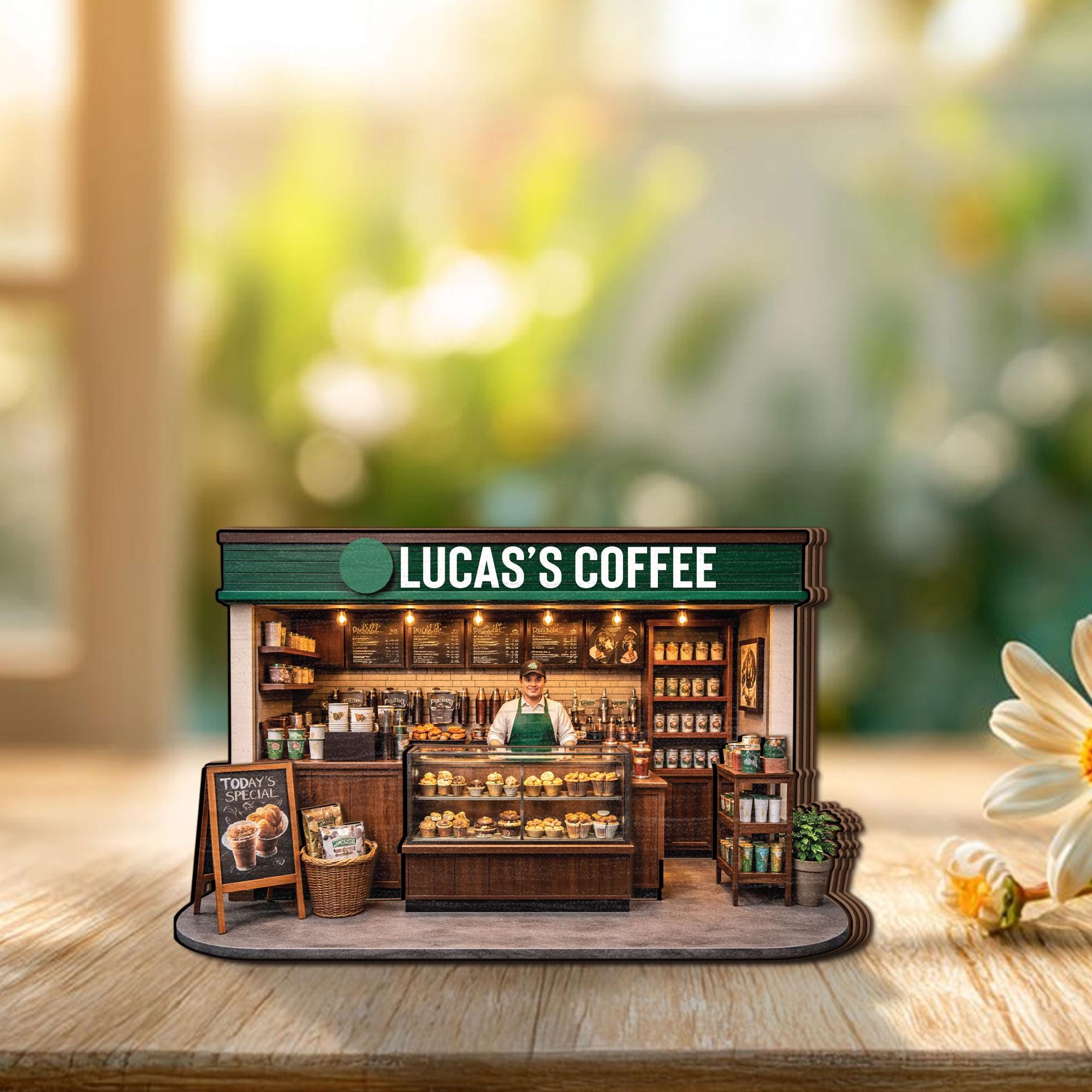 Personalized Coffee Shop Wooden Block Decor, Custom Café Store Model with Name, Barista Gift, Mini Coffee Stand Keepsake, Cute Desk Decor
