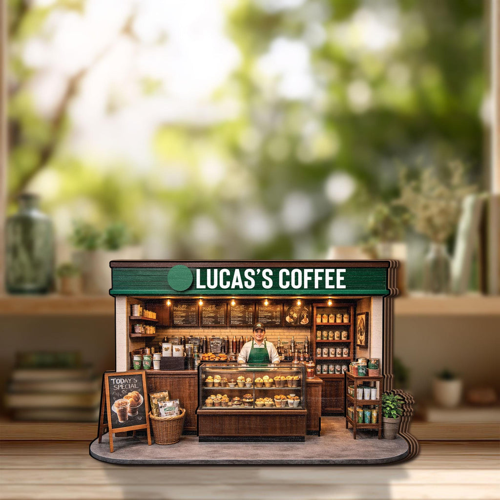 Personalized Coffee Shop Wooden Block Decor, Custom Café Store Model with Name, Barista Gift, Mini Coffee Stand Keepsake, Cute Desk Decor
