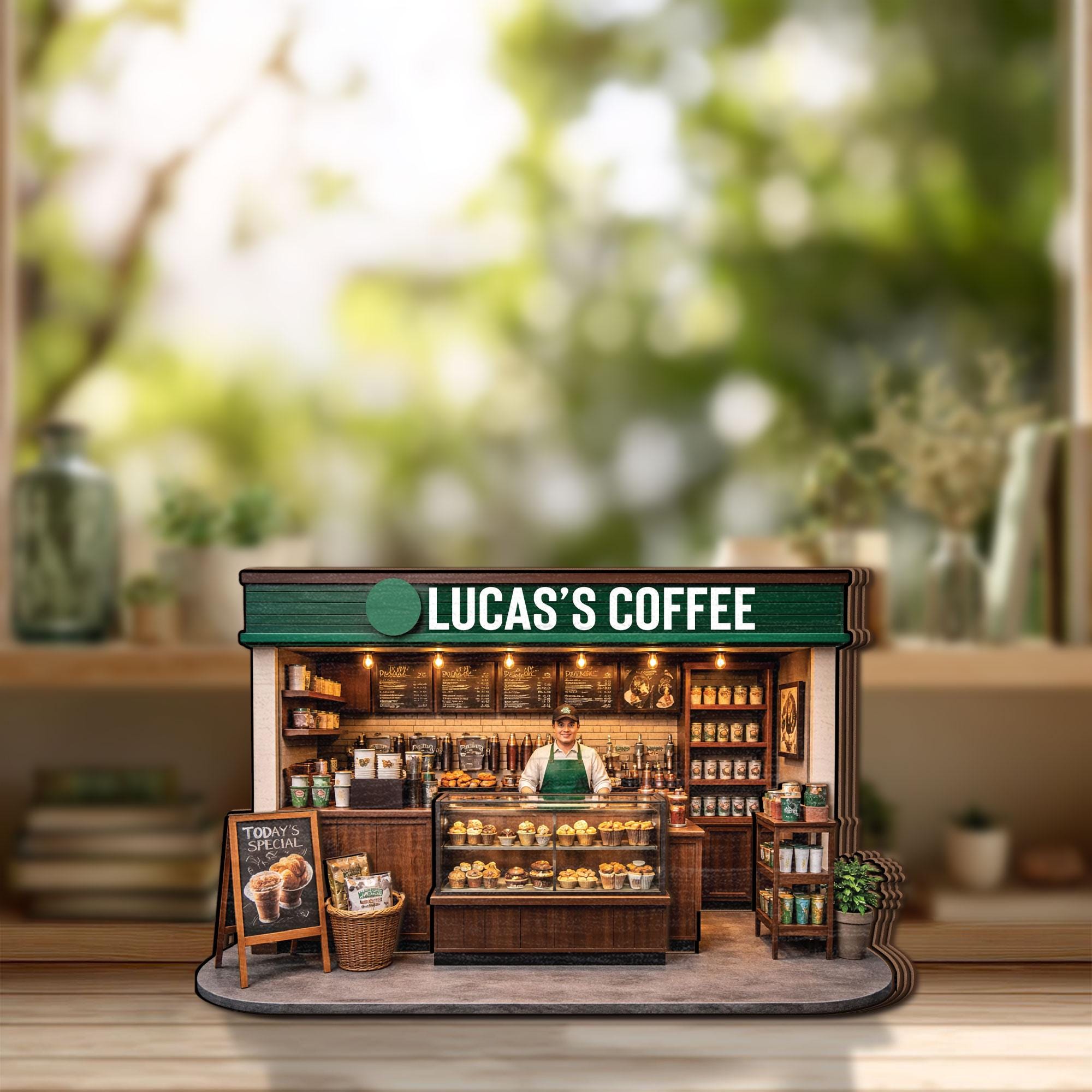 Personalized Coffee Shop Wooden Block Decor, Custom Café Store Model with Name, Barista Gift, Mini Coffee Stand Keepsake, Cute Desk Decor