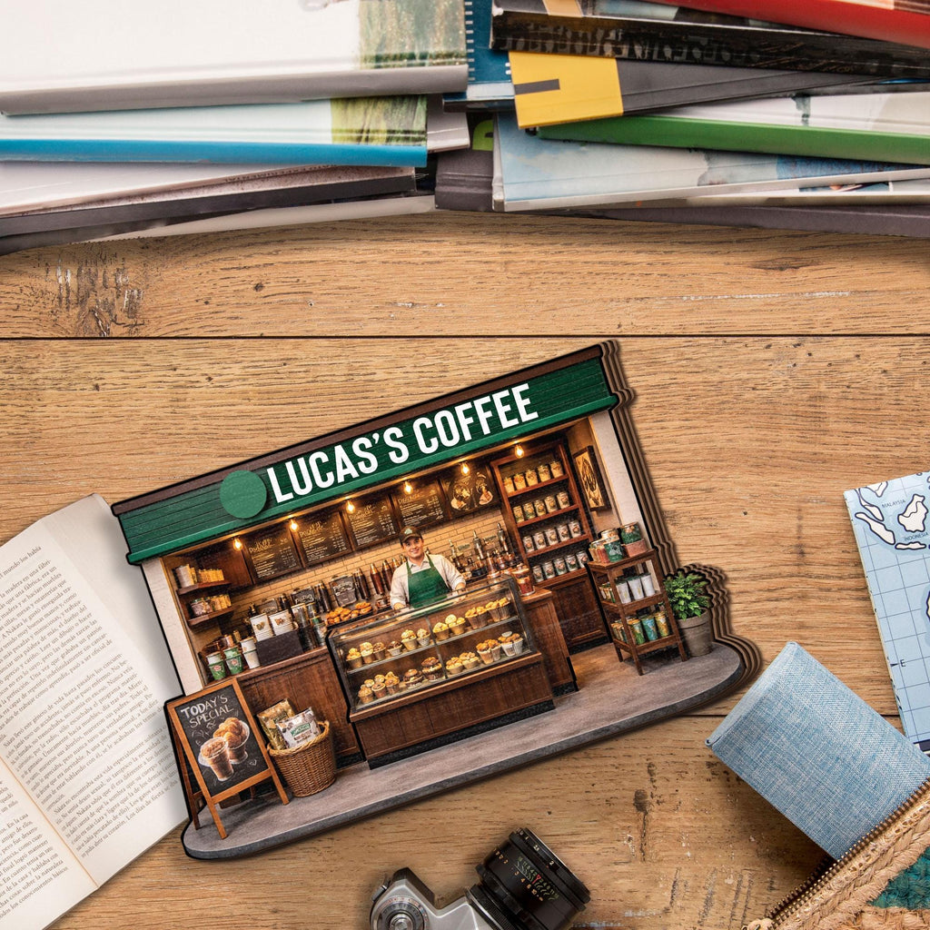 Personalized Coffee Shop Wooden Block Decor, Custom Café Store Model with Name, Barista Gift, Mini Coffee Stand Keepsake, Cute Desk Decor