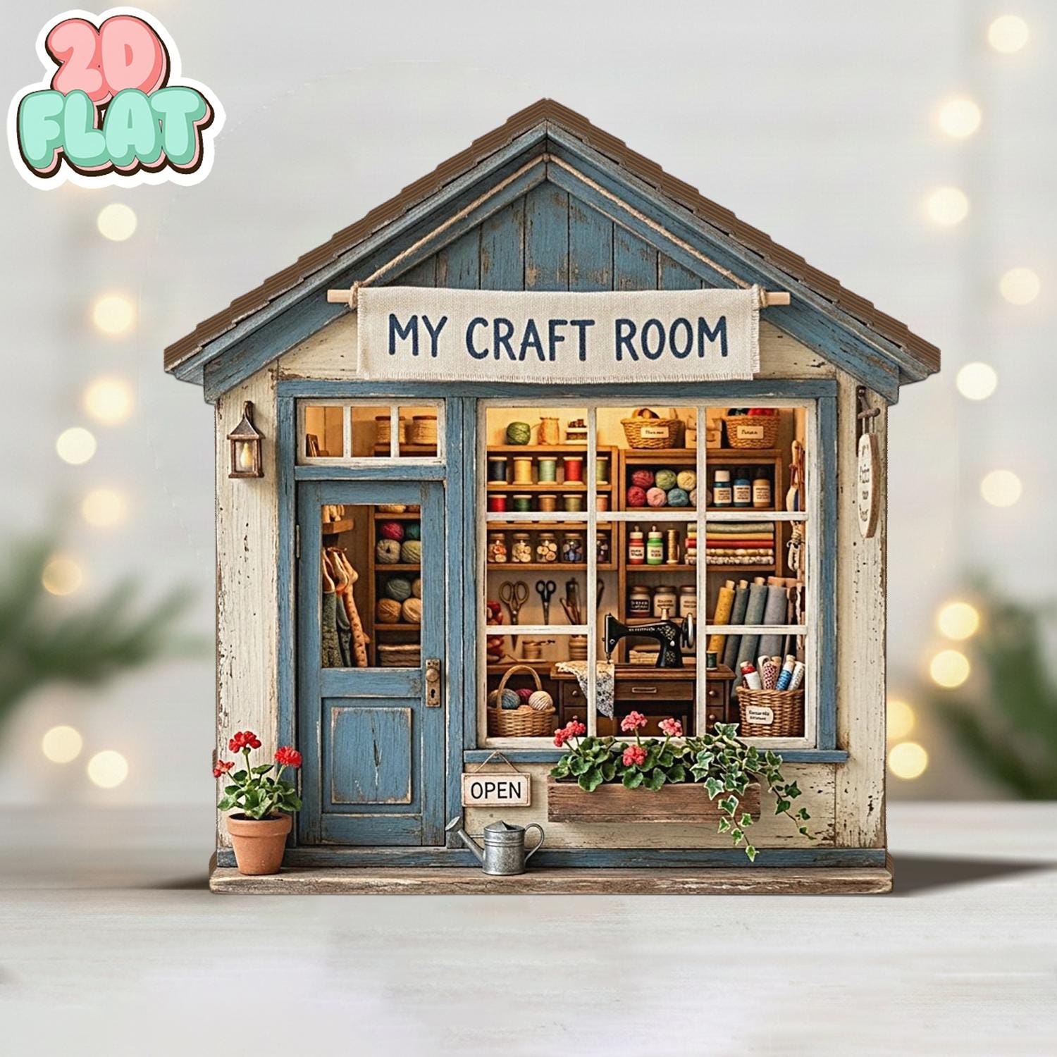 Craft Room 2D FLAT Wooden Block Decor, Sewing Studio Mini House, Rustic Hobby Room Shelf Art, DIY Lover Gift, Cottage Style Wood Display