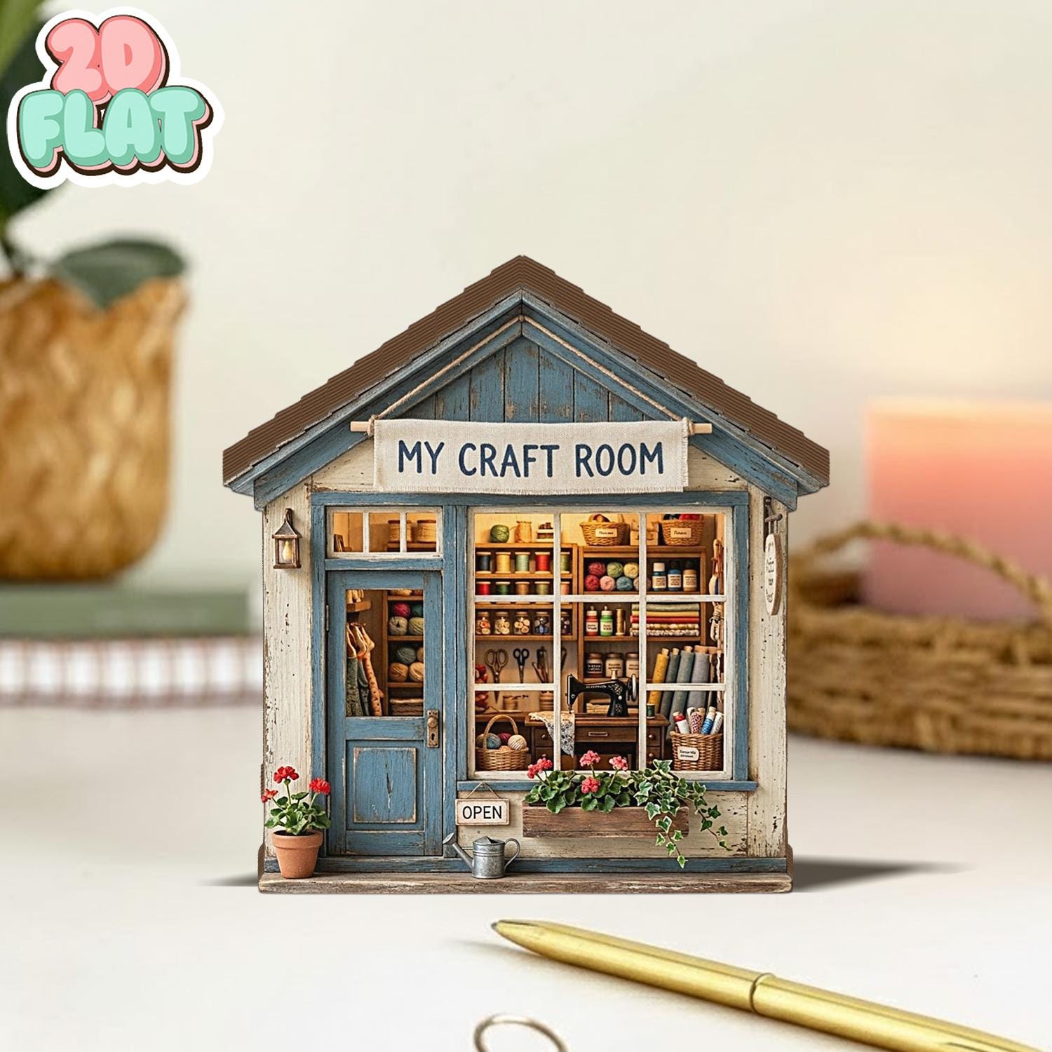 Craft Room 2D FLAT Wooden Block Decor, Sewing Studio Mini House, Rustic Hobby Room Shelf Art, DIY Lover Gift, Cottage Style Wood Display