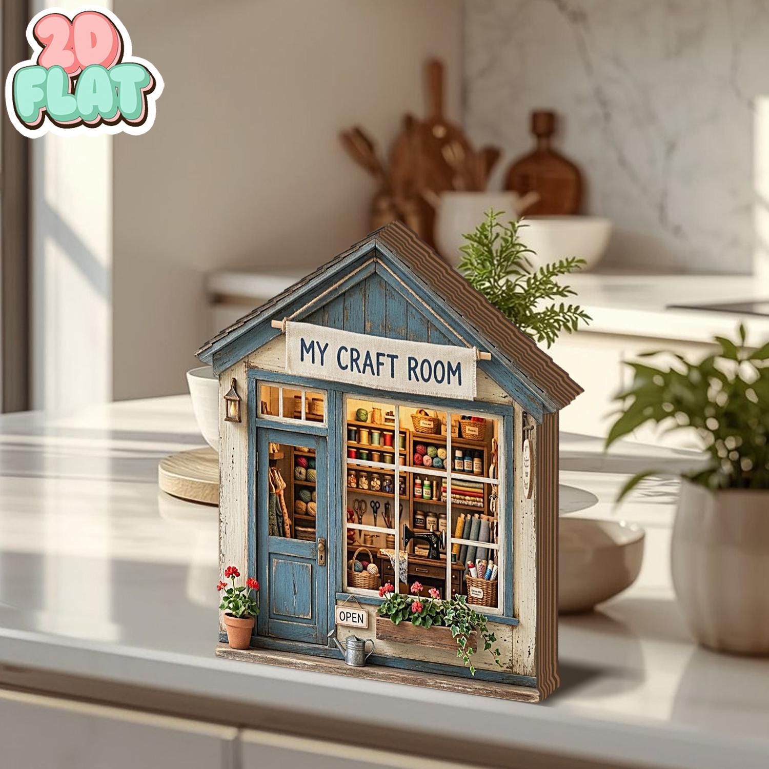 Craft Room 2D FLAT Wooden Block Decor, Sewing Studio Mini House, Rustic Hobby Room Shelf Art, DIY Lover Gift, Cottage Style Wood Display
