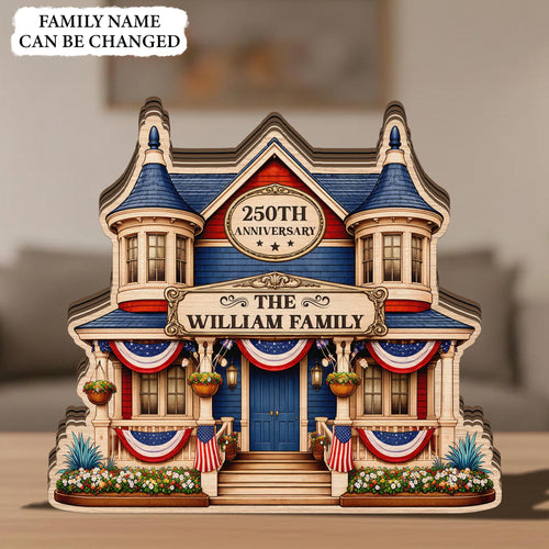 Custom Name House Sign Wooden Block – Personalized America 250th Anniversary Decor, Family Name Sign, USA 250 Years Gift, Patriotic Gifts