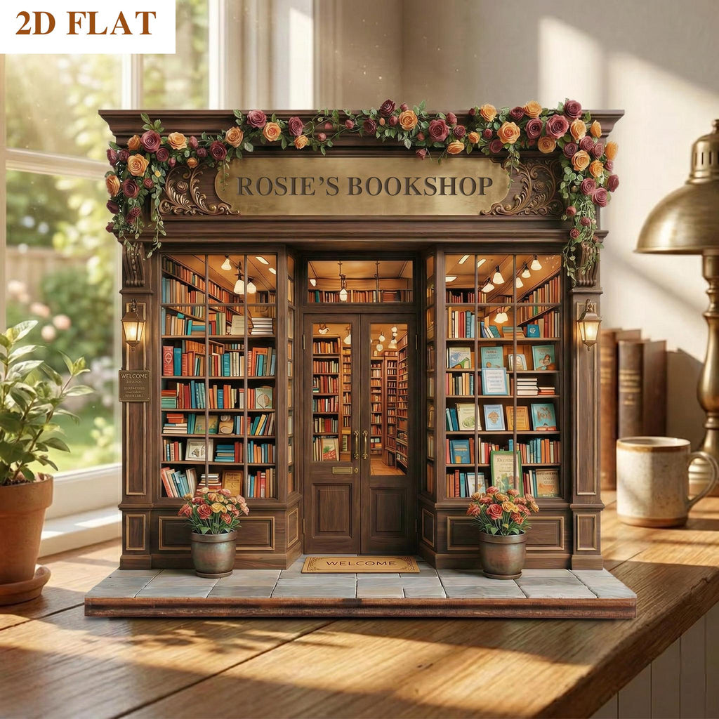 Personalized 2D Flat Bookshop Wooden Block, Custom Bookshelf Decor, Book Lover Gift