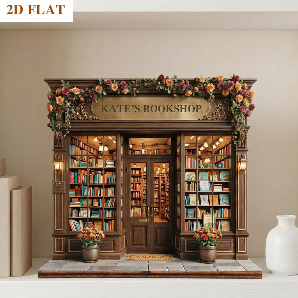 Personalized 2D Flat Bookshop Wooden Block, Custom Bookshelf Decor, Book Lover Gift
