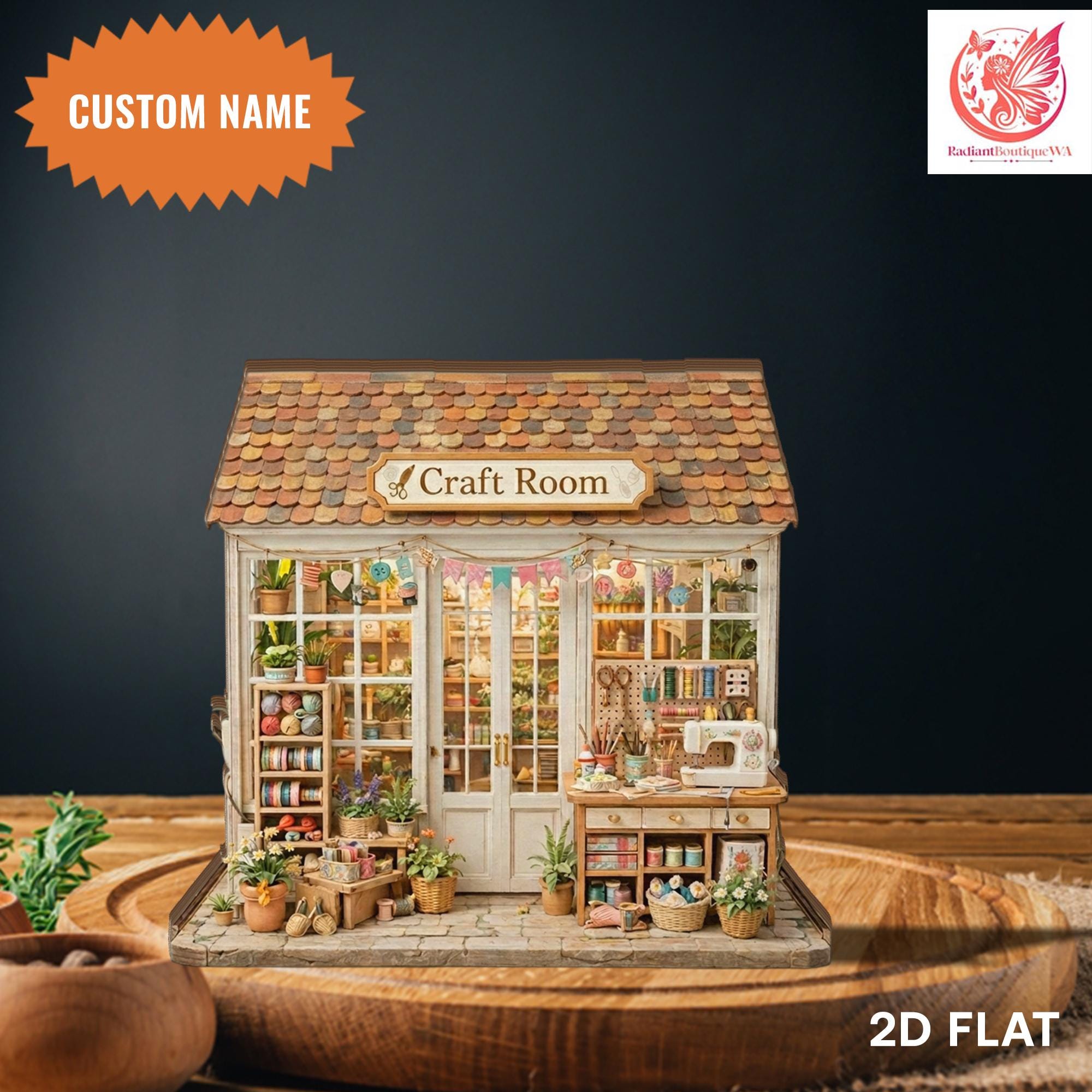 Personalized Craft Room Wooden Block, Dollhouse Sewing Studio Display
