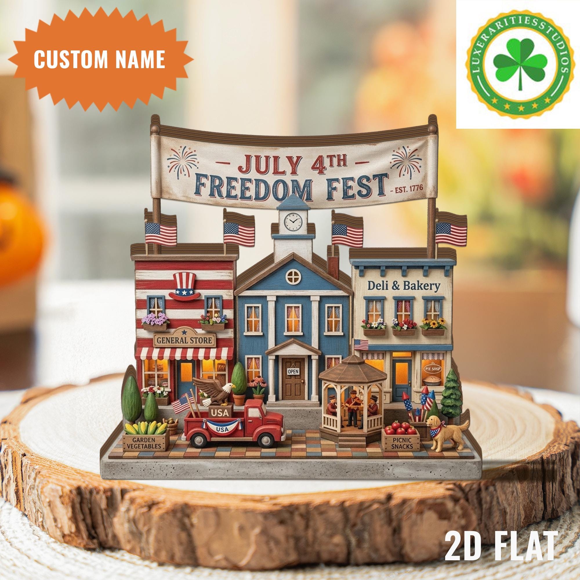 Personalized Patriotic Village Wooden Block, Americana Home Decor, Independence Day Shelf Sign, 4th of July Decor