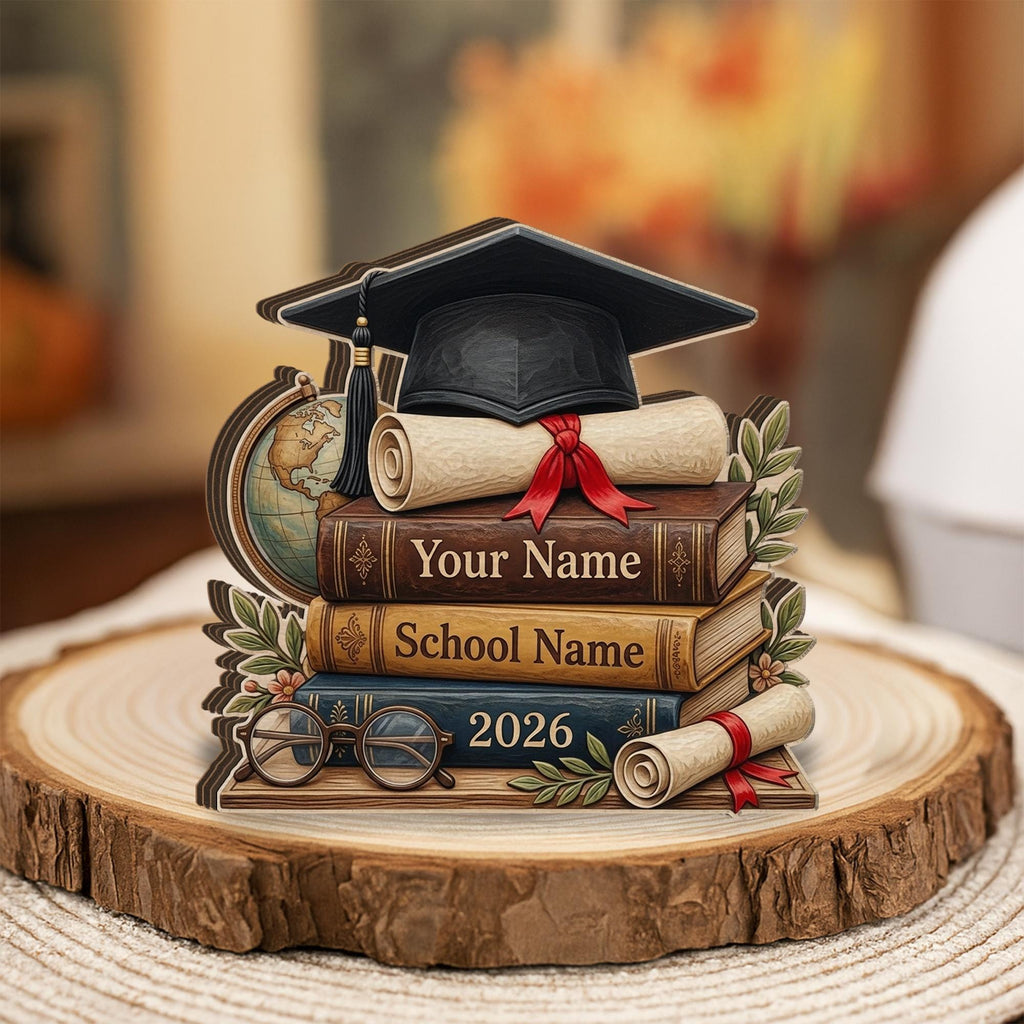 Personalized Graduation Wooden Block, Stack of Books, Cap & Diploma, 2026