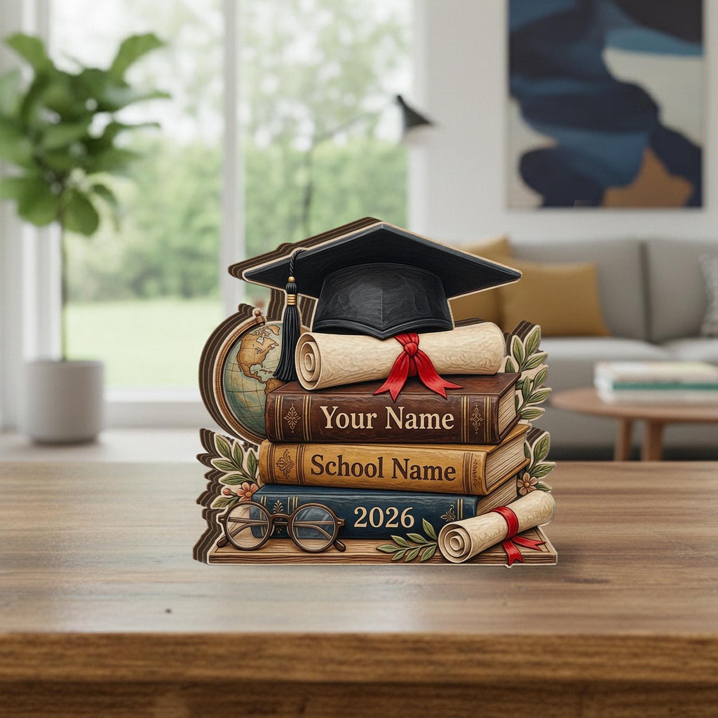 Personalized Graduation Wooden Block, Stack of Books, Cap & Diploma, 2026