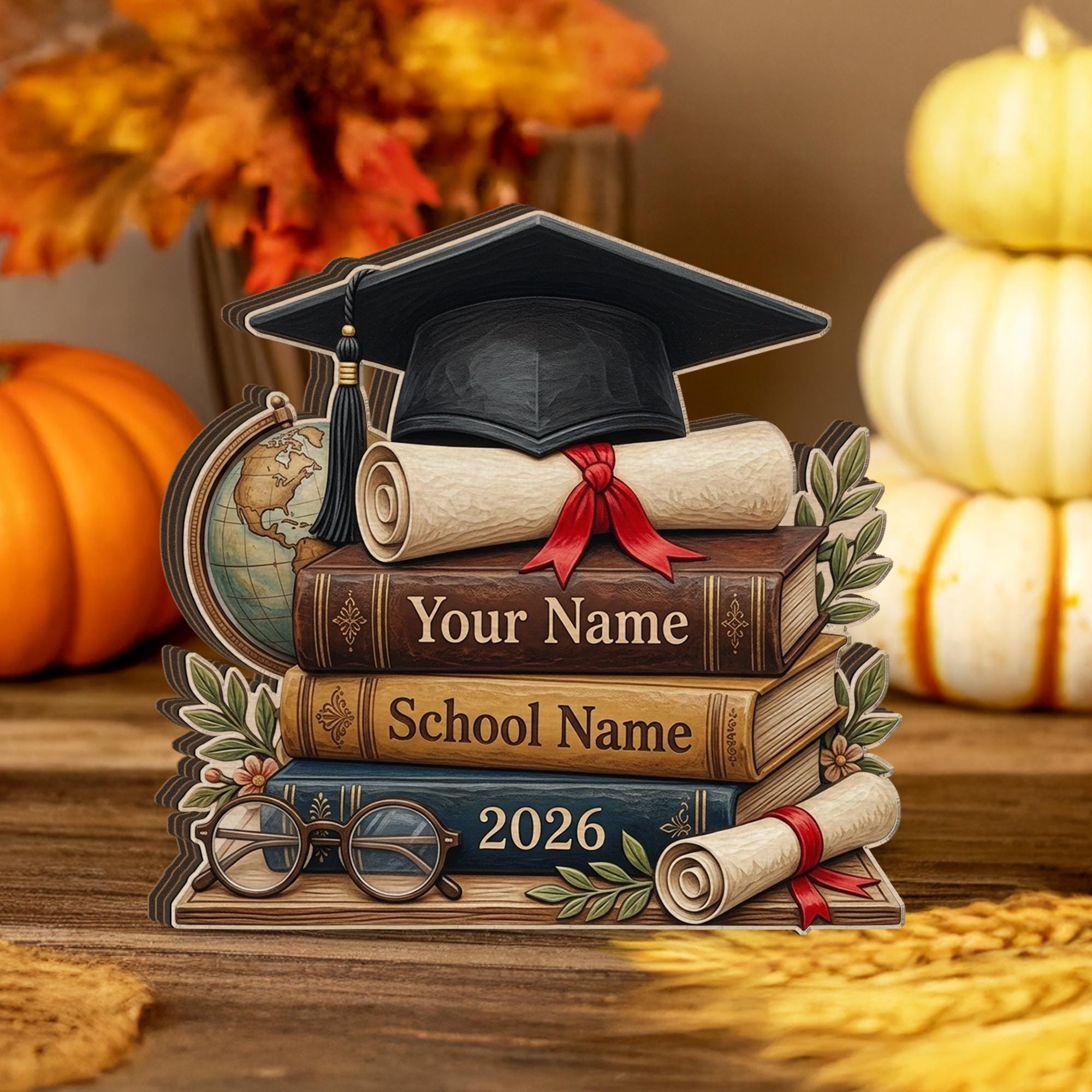Personalized Graduation Wooden Block, Stack of Books, Cap & Diploma, 2026