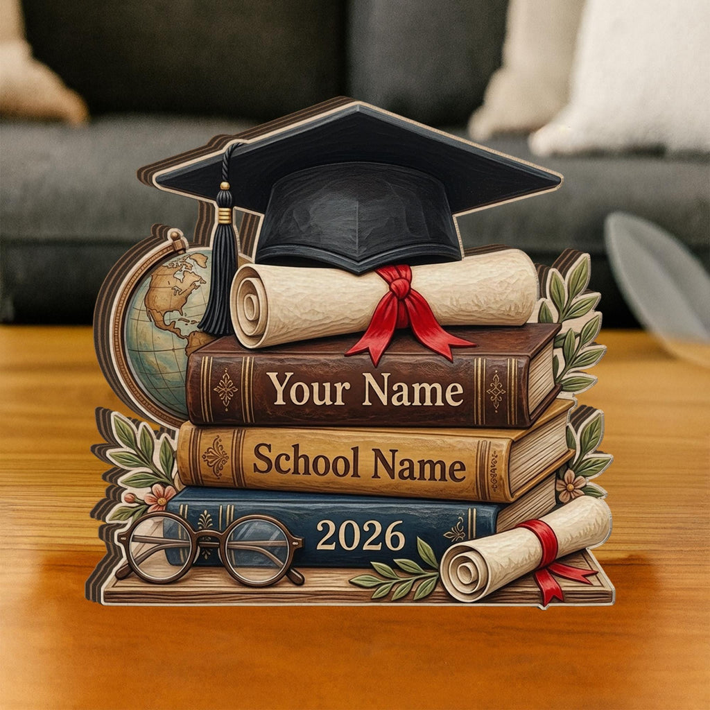 Personalized Graduation Wooden Block, Stack of Books, Cap & Diploma, 2026
