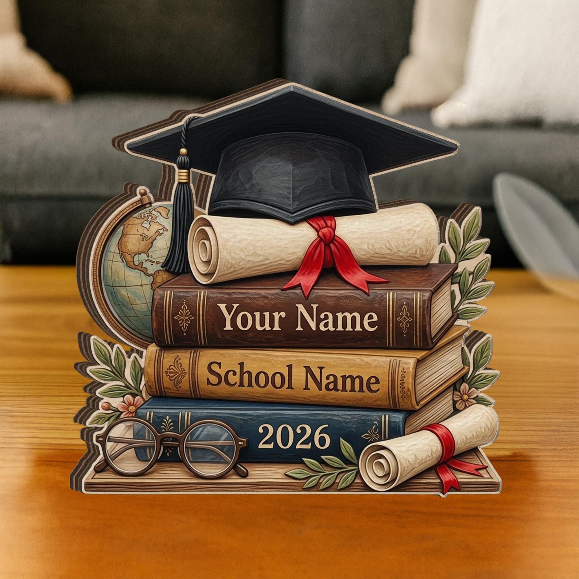 Personalized Graduation Wooden Block, Stack of Books, Cap & Diploma, 2026
