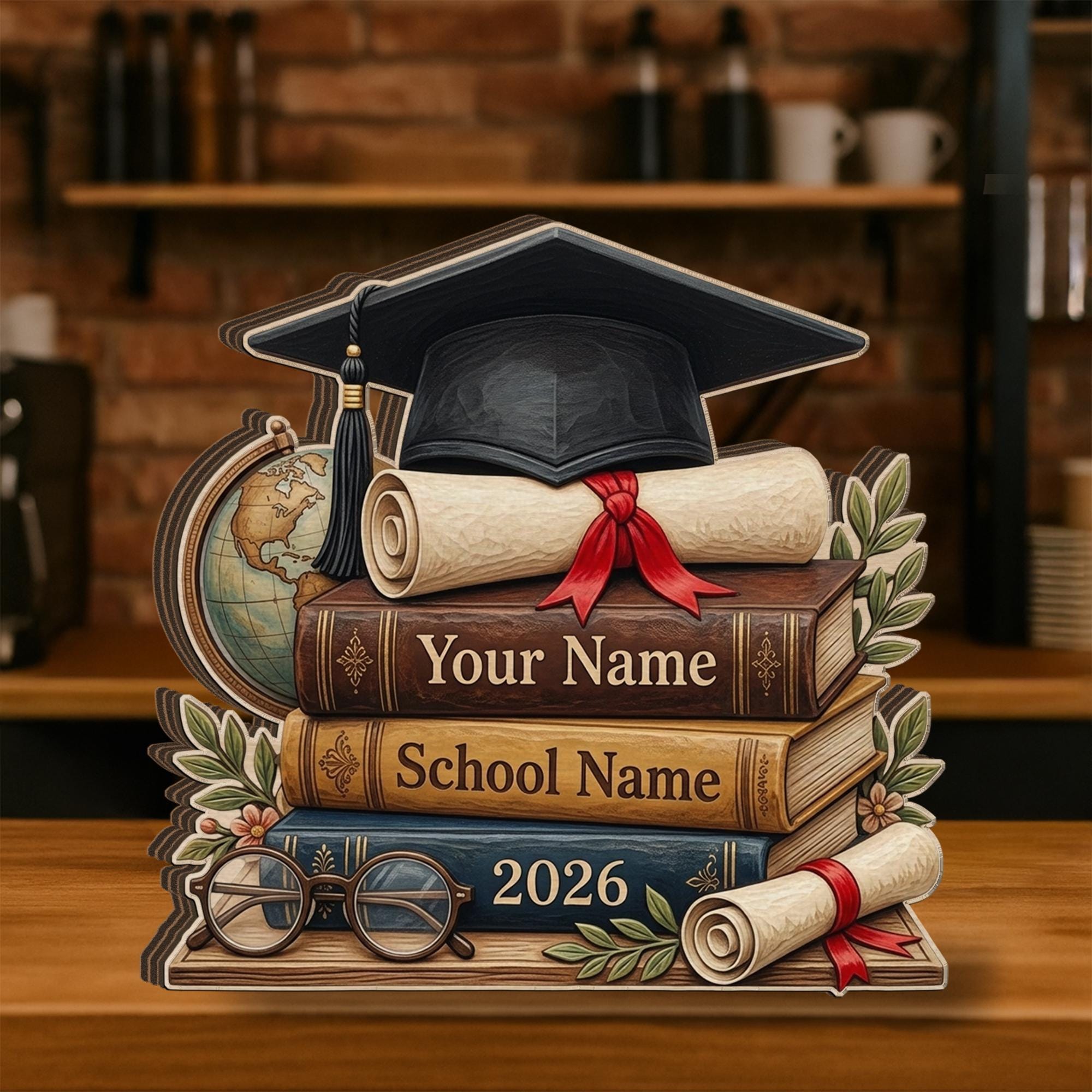 Personalized Graduation Wooden Block, Stack of Books, Cap & Diploma, 2026