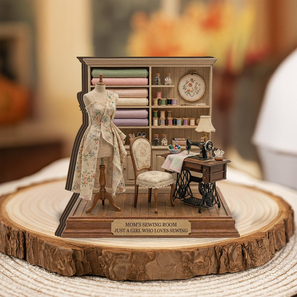 Personalized Wooden Block Sewing Room Diorama, Mini Sewing Studio Display with Dress Form