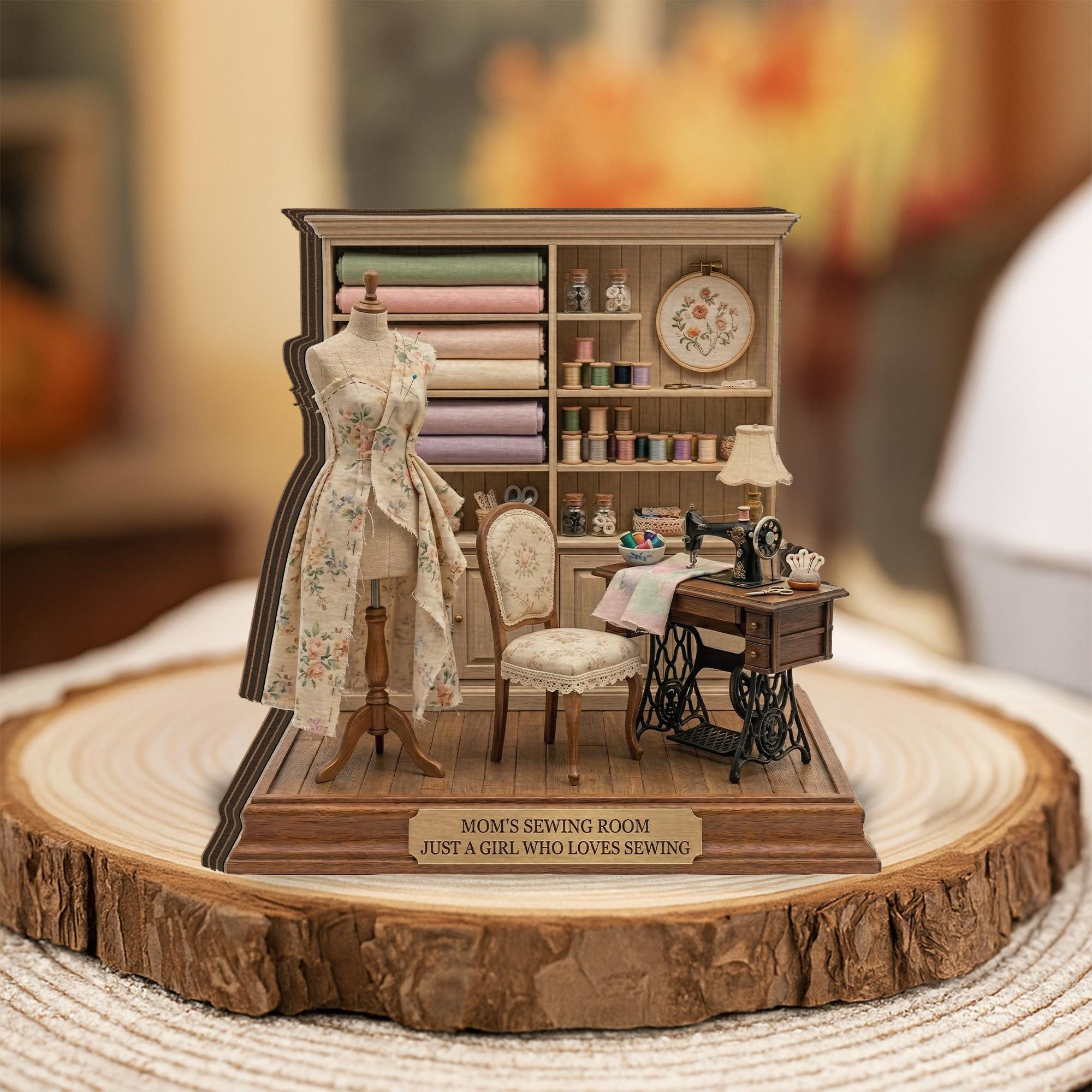 Personalized Wooden Block Sewing Room Diorama, Mini Sewing Studio Display with Dress Form