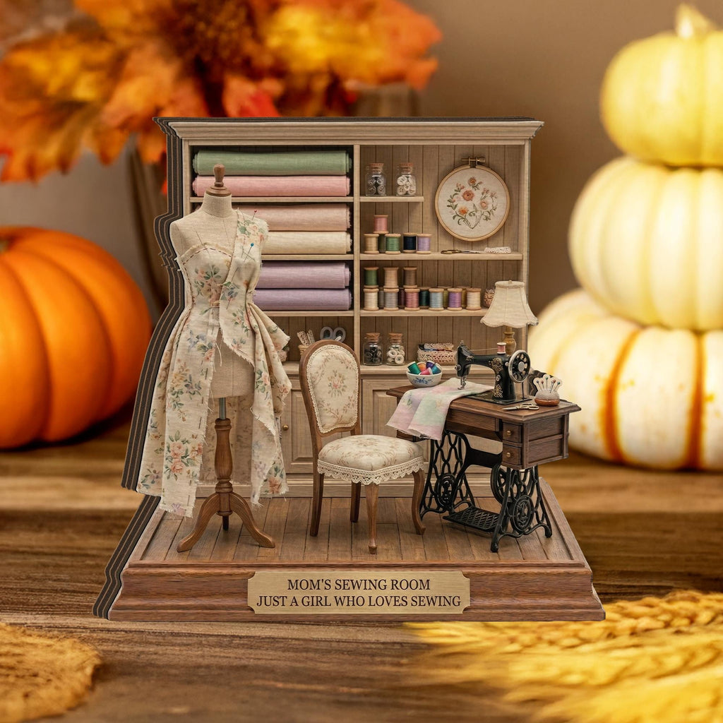 Personalized Wooden Block Sewing Room Diorama, Mini Sewing Studio Display with Dress Form