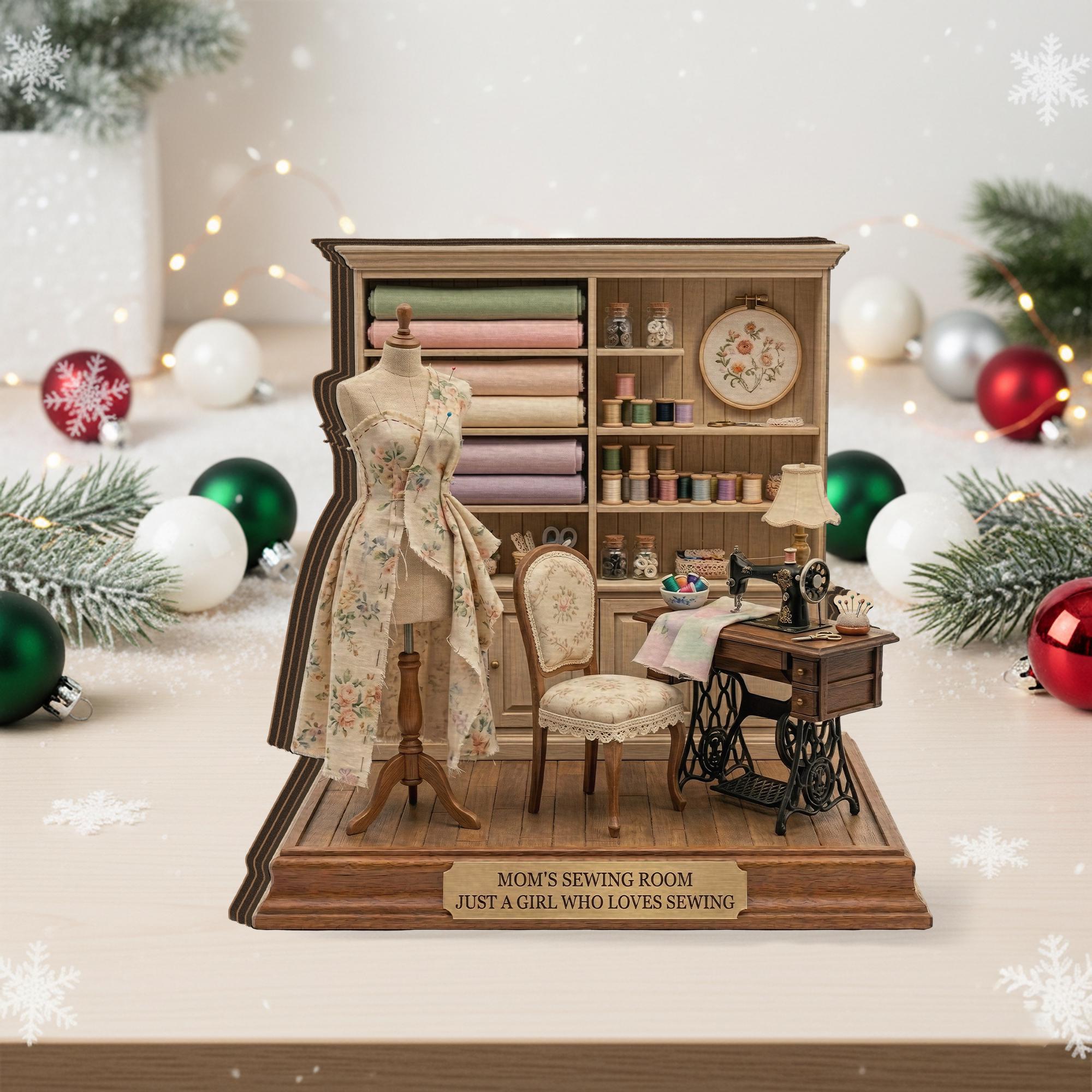 Personalized Wooden Block Sewing Room Diorama, Mini Sewing Studio Display with Dress Form