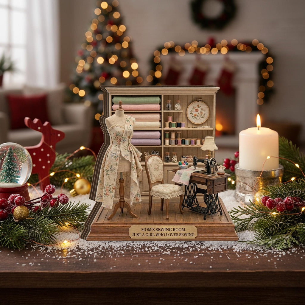 Personalized Wooden Block Sewing Room Diorama, Mini Sewing Studio Display with Dress Form