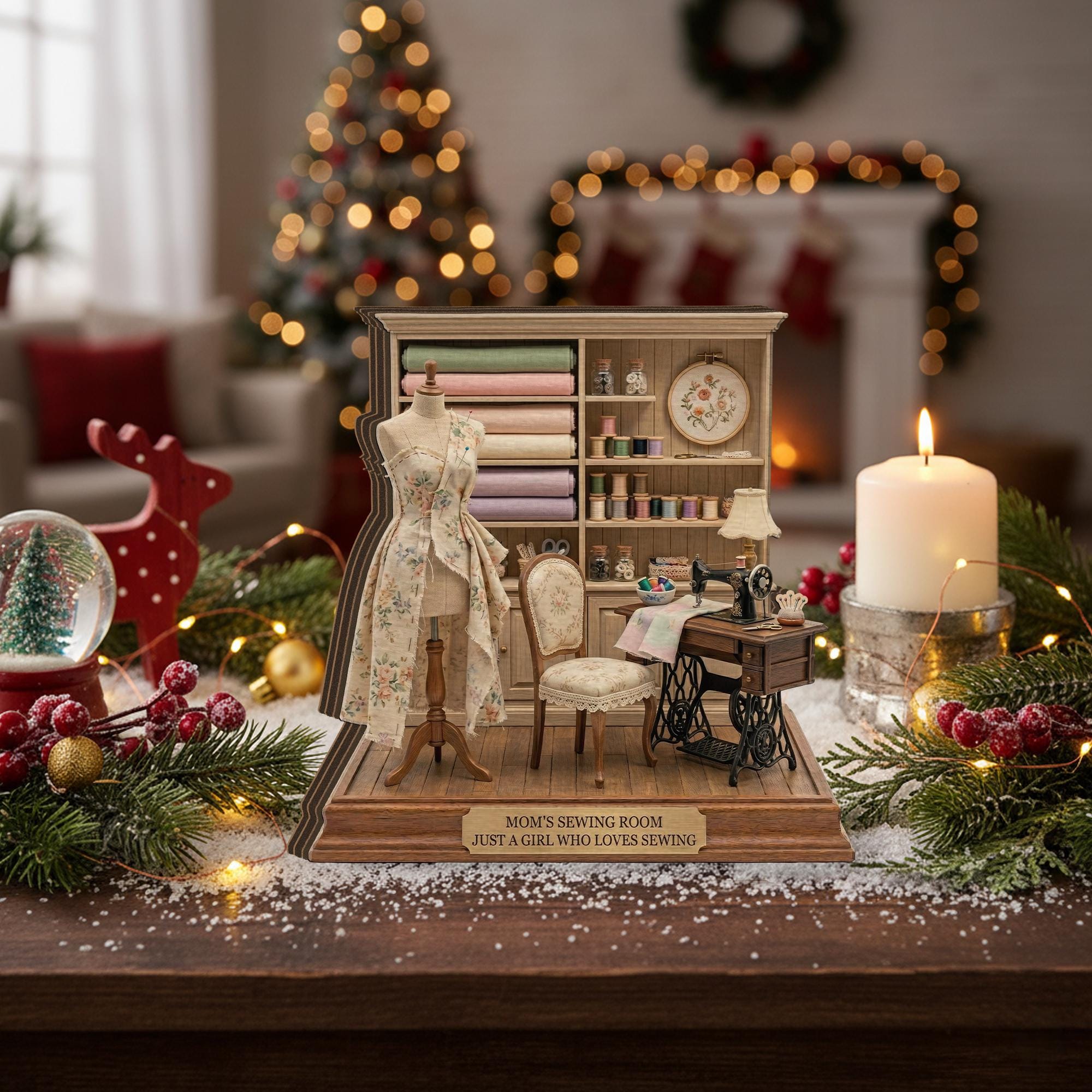 Personalized Wooden Block Sewing Room Diorama, Mini Sewing Studio Display with Dress Form