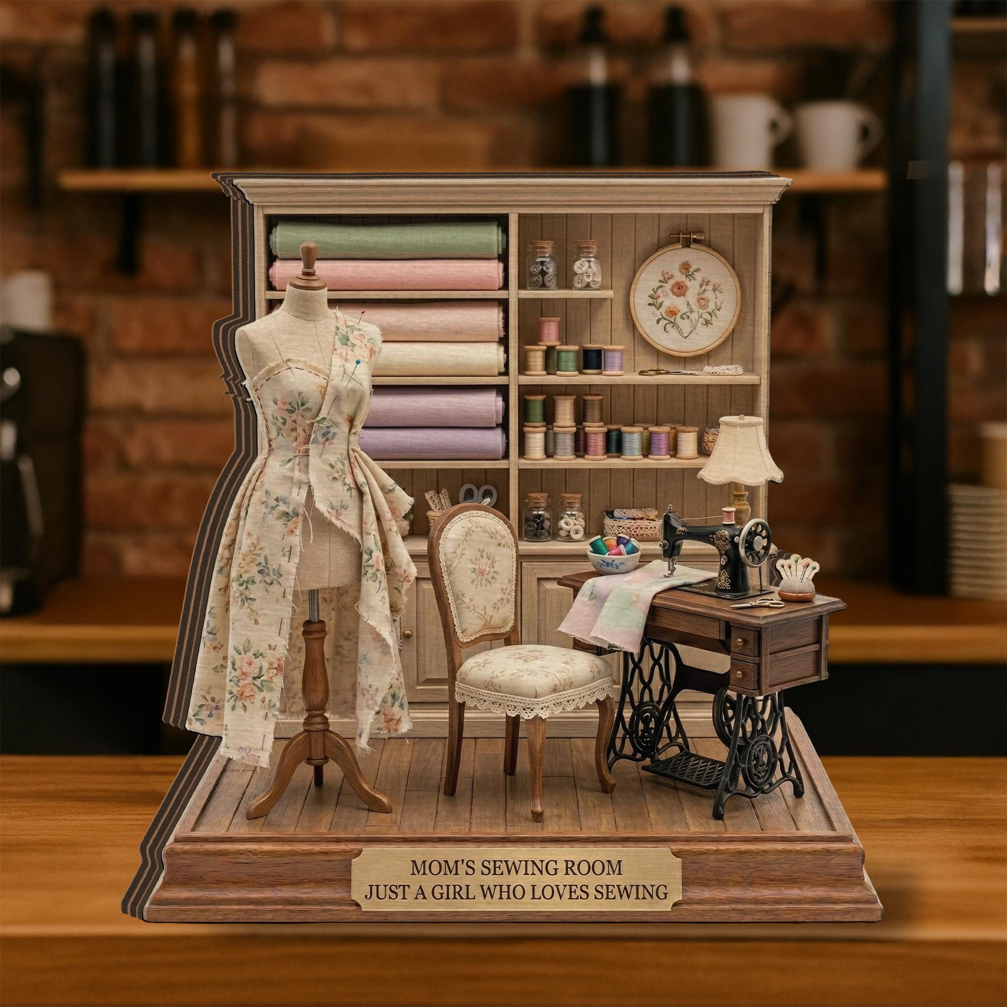 Personalized Wooden Block Sewing Room Diorama, Mini Sewing Studio Display with Dress Form
