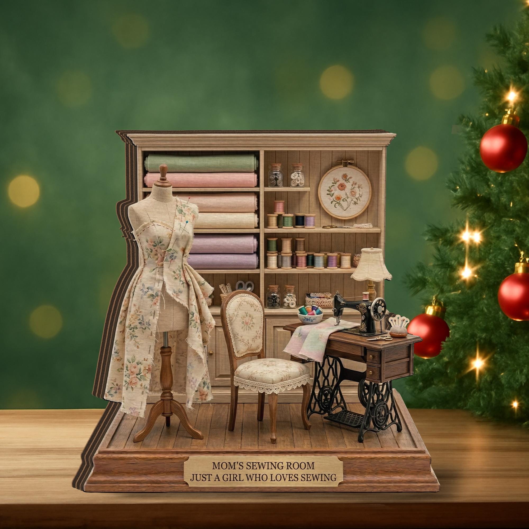 Personalized Wooden Block Sewing Room Diorama, Mini Sewing Studio Display with Dress Form