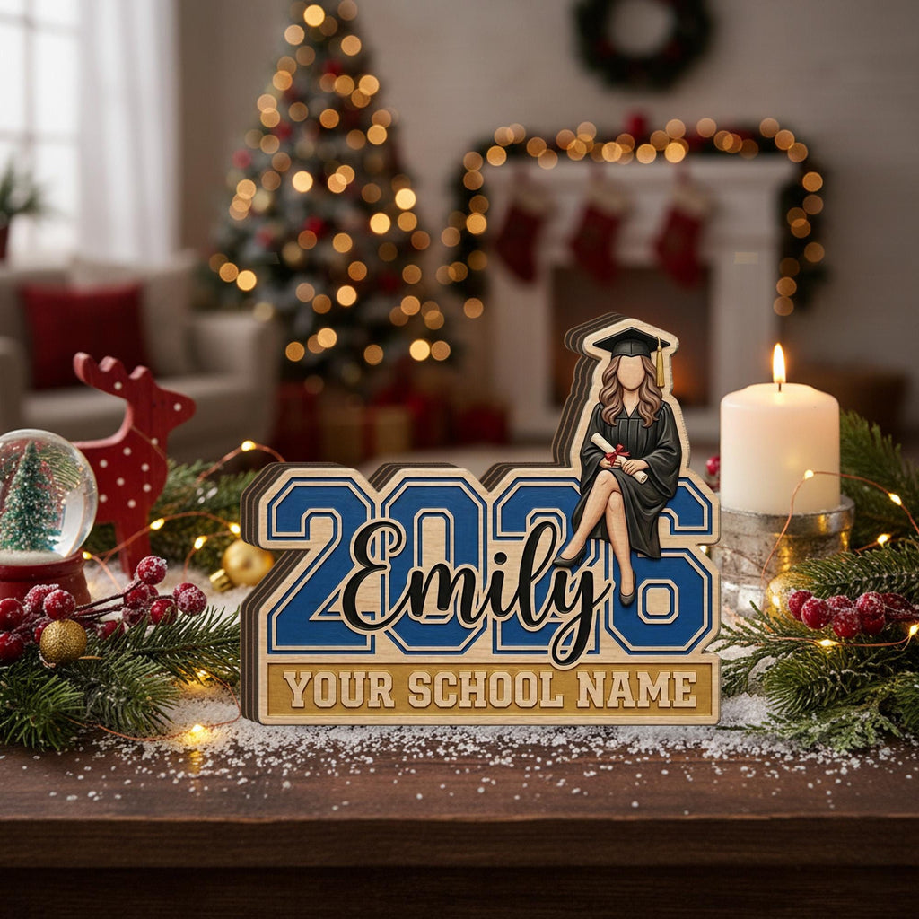 Personalized Graduation Wooden Block: Custom 2026 Desk Sign, Student Name, School Decor