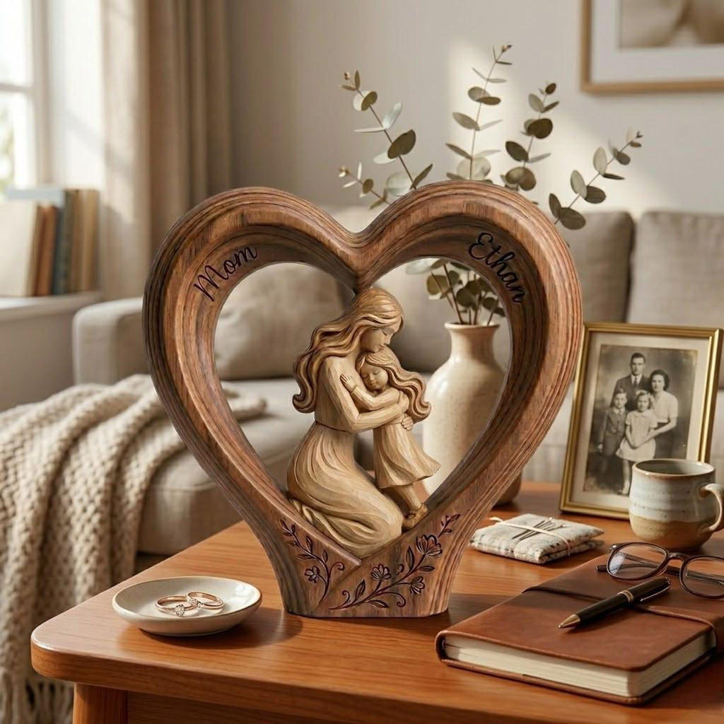 Personalized Mom and Son 2D FLAT Wooden Heart Block, Custom Name Family Keepsake Decor, Rustic Wood Table Sign, Mothers Day Gift for Mom