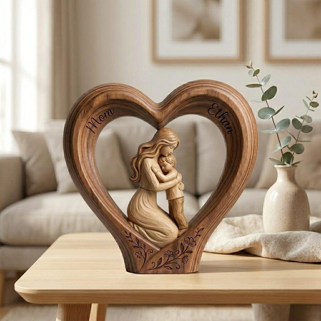 Personalized Mom and Son 2D FLAT Wooden Heart Block, Custom Name Family Keepsake Decor, Rustic Wood Table Sign, Mothers Day Gift for Mom